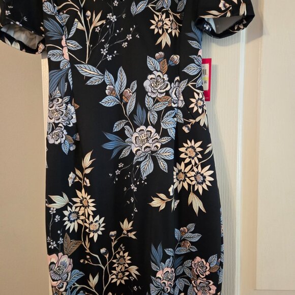 Womens NWT Vince Camuto Size 4 Navy Blue Floral Sheath Vneck dress - Picture 3 of 8